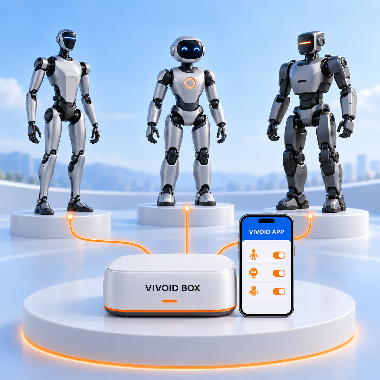 Illustration du concept Vivoïd : une Box et une application reliées à plusieurs humanoïdes